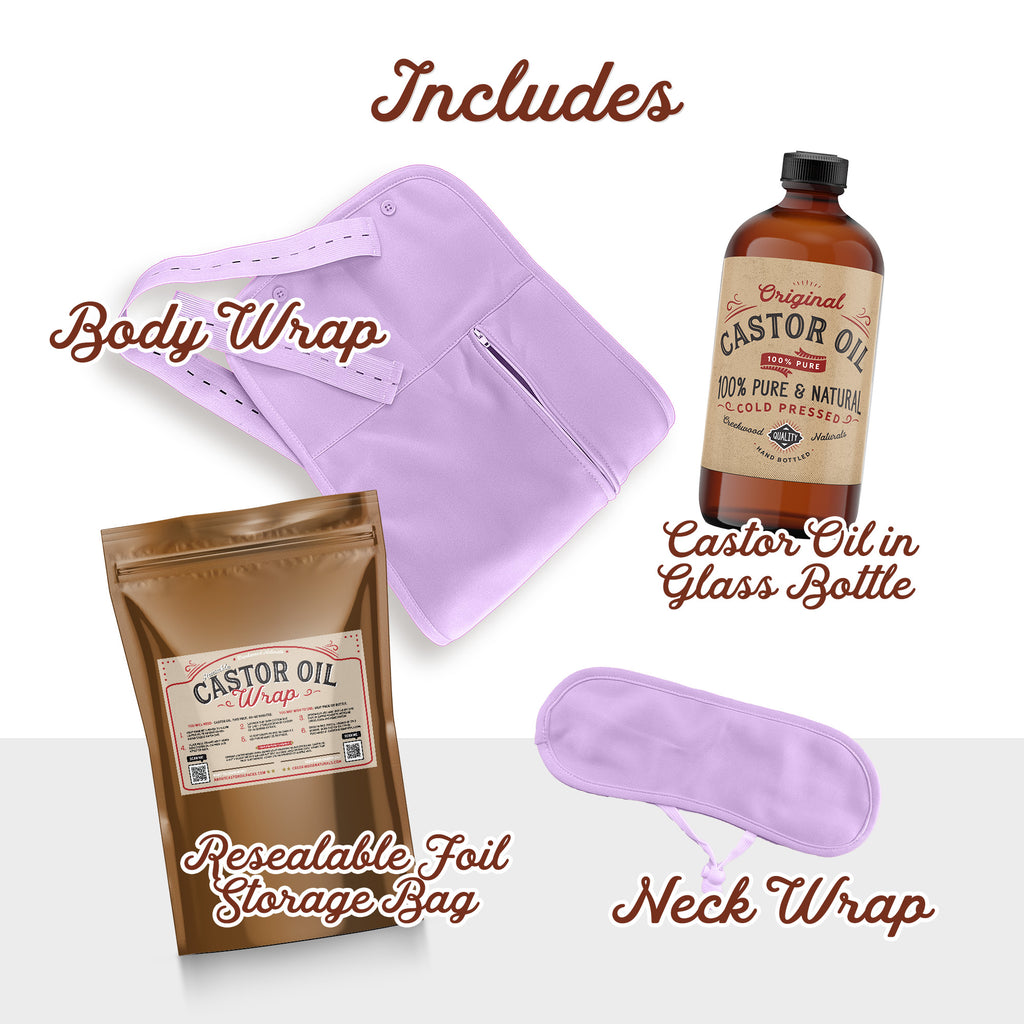 Castor Oil Wrap Including Foil Storage, Castor Oil Bottle, Large Body Wrap, Small Neck Wrap