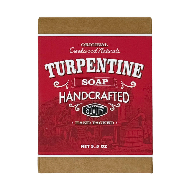Load image into Gallery viewer, Packaging of Creekwood Naturals Turpentine Soap with red and white color scheme, indicating it is handcrafted and original.