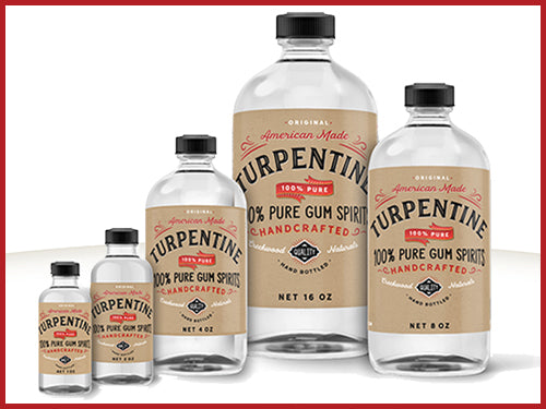 Best Selling Turpentine Pure Gum Spirits of Turpentine Hand Bottled American Company Clear Flint Bottles Lined Up