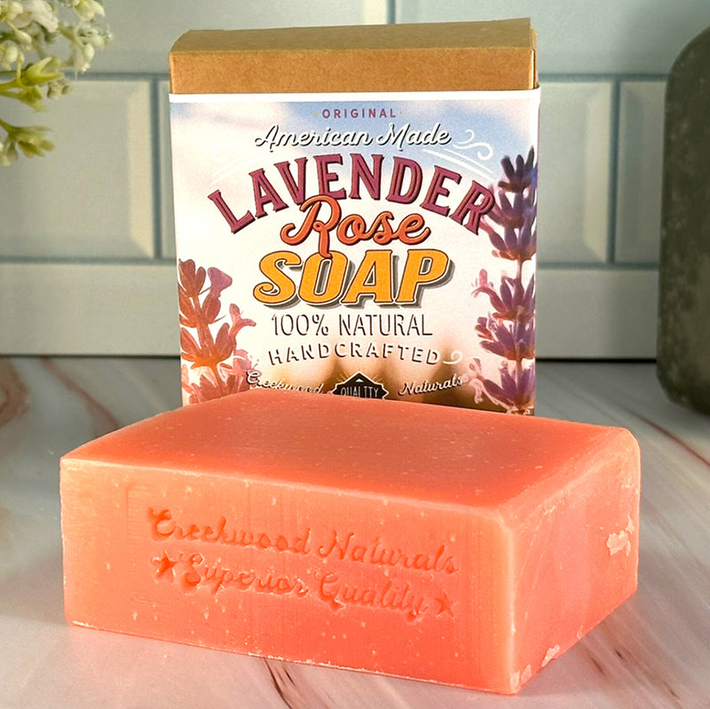 Load image into Gallery viewer, Lavender Rose Soap Bar All Natural Handcrafted DIY Handmade on Counter
