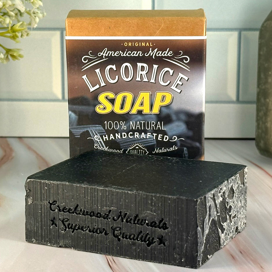 Licorice Soap Bar All Natural Handcrafted DIY Handmade on Counter with Box