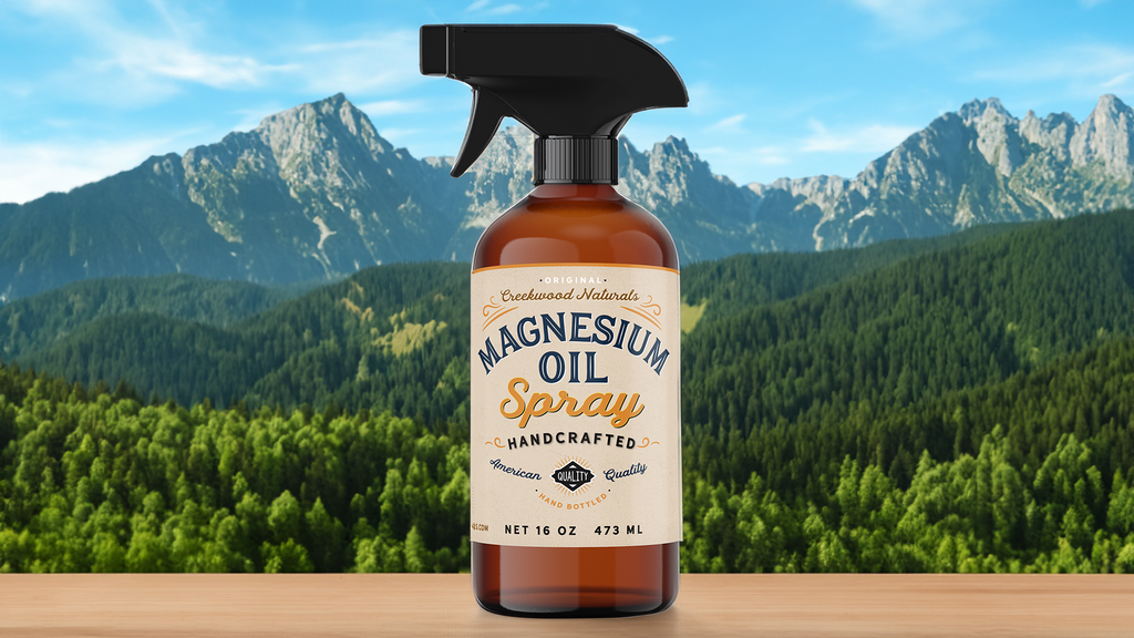 Natural Magnesium Spray Bottle Handmade DIY on wood table forest background