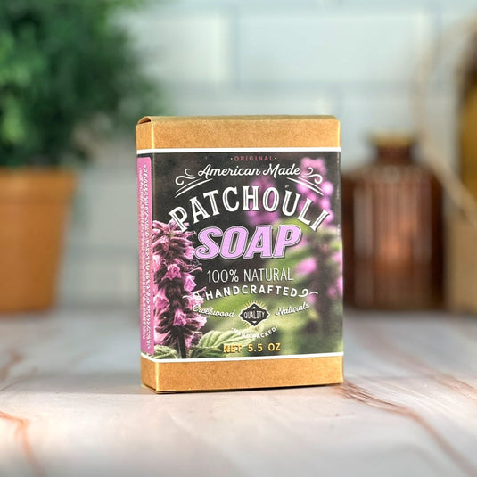 All Natural Handcrafted Patchouli Soap DIY Hand Made Soap Box on Counter