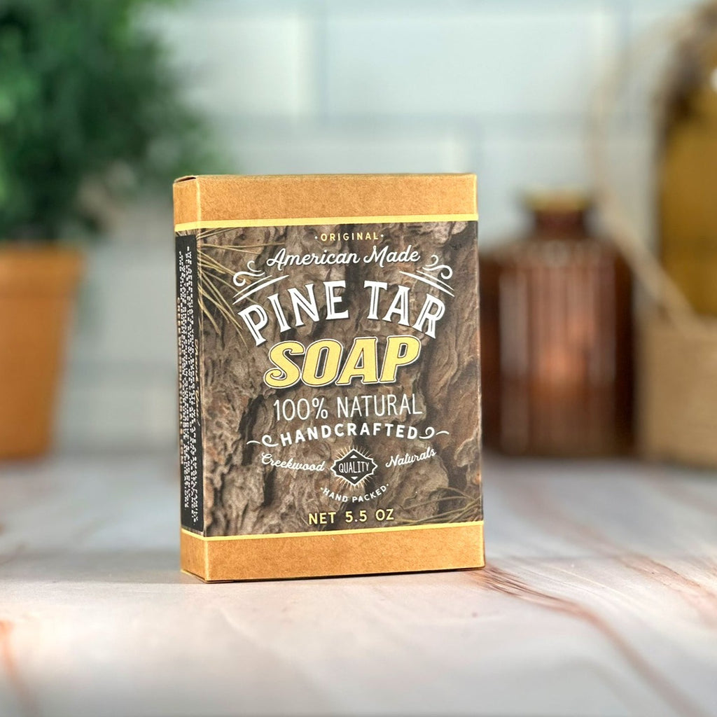 all natural handmade pine tar soap box on counter